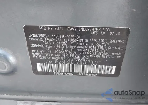 2010 Subaru Forester 2.5X from USA, damaged, VIN JF2SH6BC7AH787027